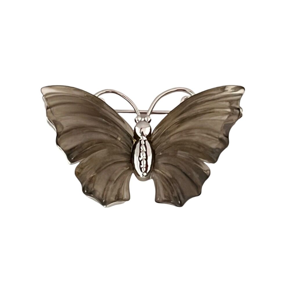 Vintage 1970s Butterfly Brooch Silver Tone Smoky Wings Figural - 1K